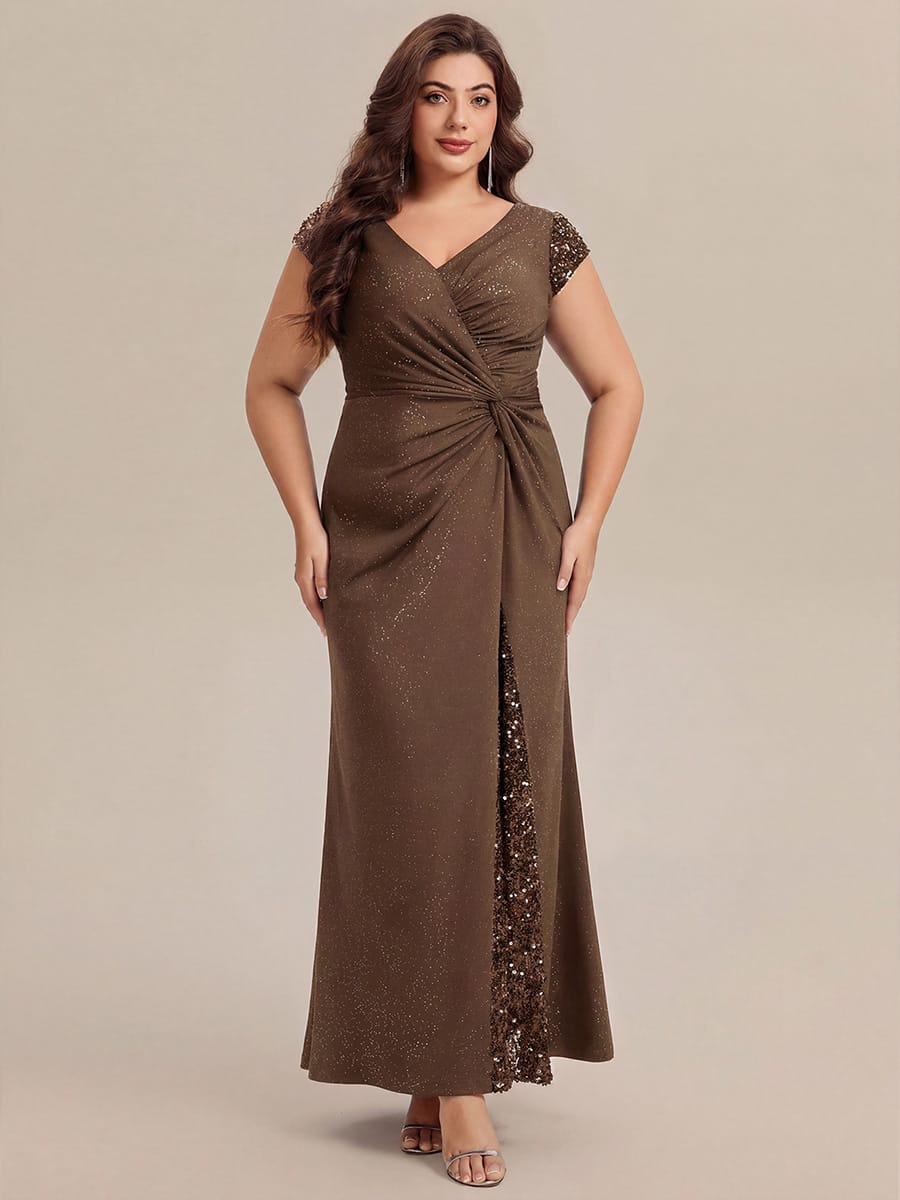 pretty KAIA|Plus Size Sequin Maxi Dress with V Neck & Cap Sleeves