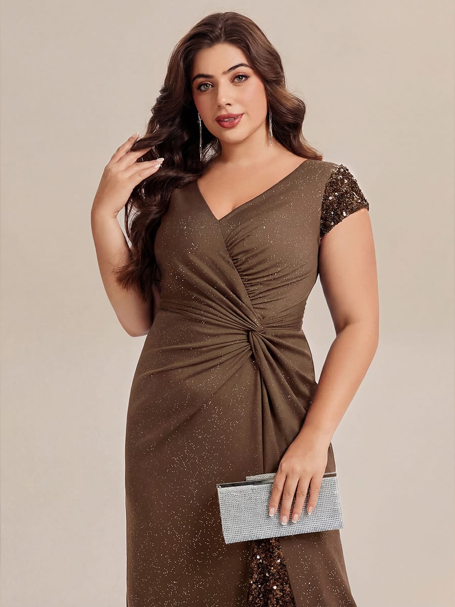 pretty KAIA|Plus Size Sequin Maxi Dress with V Neck & Cap Sleeves
