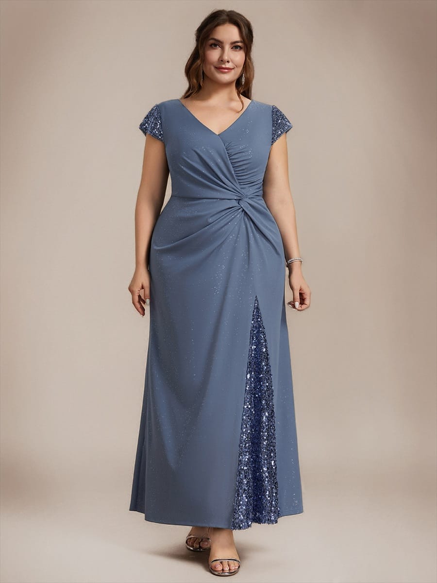 pretty KAIA|Plus Size Sequin Maxi Dress with V Neck & Cap Sleeves
