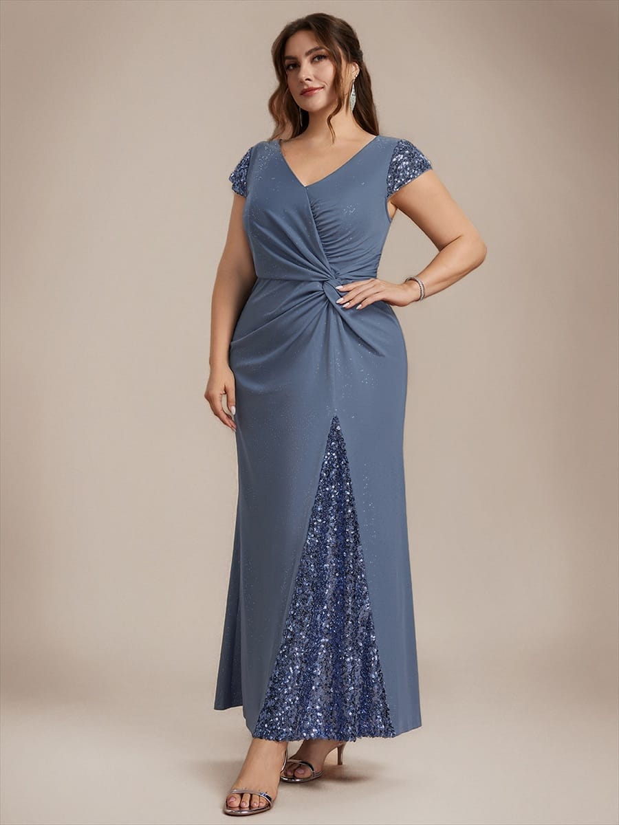 pretty KAIA|Plus Size Sequin Maxi Dress with V Neck & Cap Sleeves