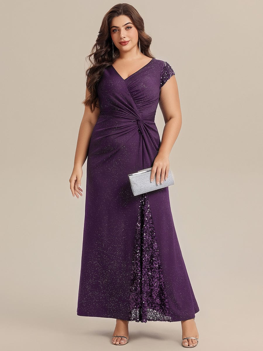 pretty KAIA|Plus Size Sequin Maxi Dress with V Neck & Cap Sleeves