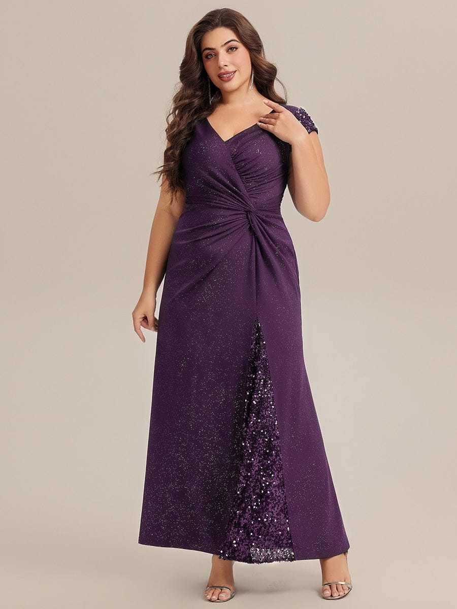 pretty KAIA|Plus Size Sequin Maxi Dress with V Neck & Cap Sleeves