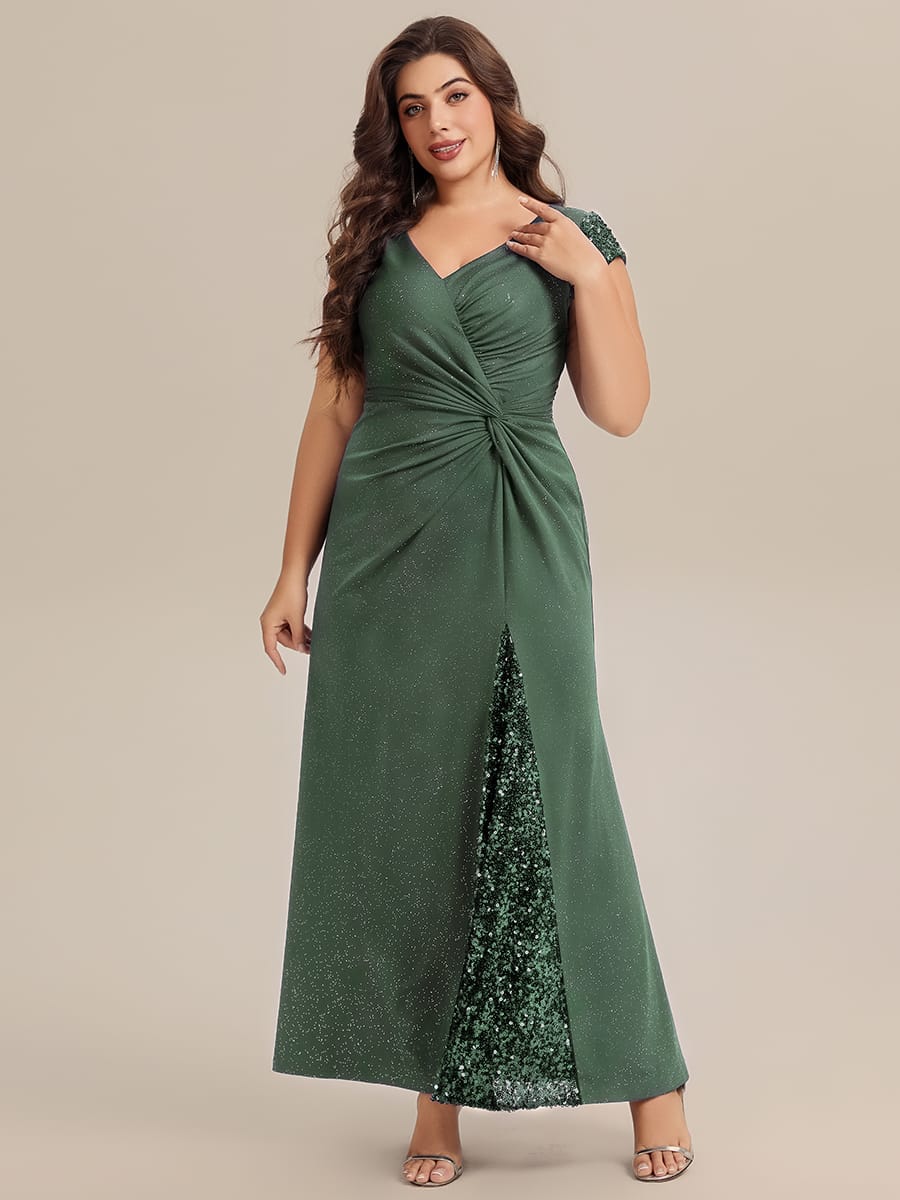 pretty KAIA|Plus Size Sequin Maxi Dress with V Neck & Cap Sleeves