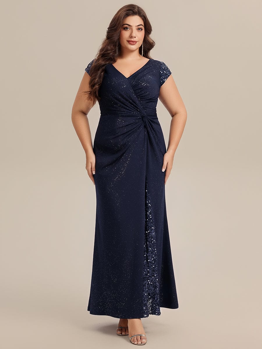 pretty KAIA|Plus Size Sequin Maxi Dress with V Neck & Cap Sleeves