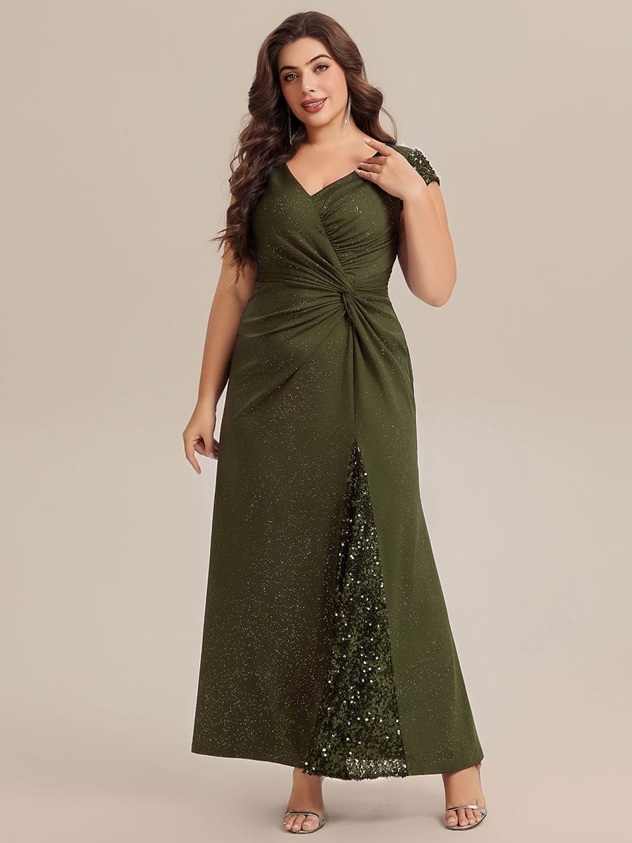 pretty KAIA|Plus Size Sequin Maxi Dress with V Neck & Cap Sleeves