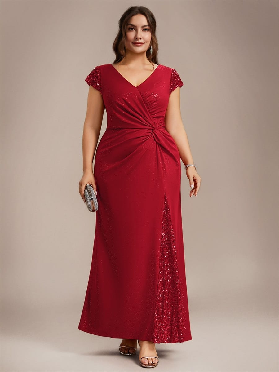 pretty KAIA|Plus Size Sequin Maxi Dress with V Neck & Cap Sleeves