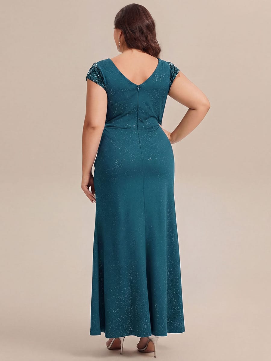 pretty KAIA|Plus Size Sequin Maxi Dress with V Neck & Cap Sleeves