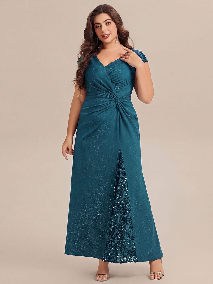 pretty KAIA|Plus Size Sequin Maxi Dress with V Neck & Cap Sleeves
