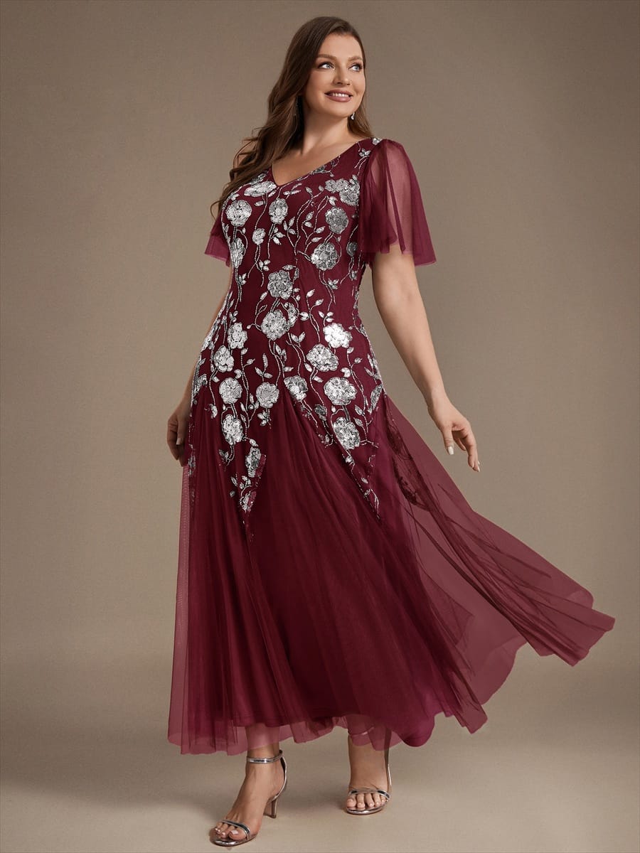 pretty ORLA|Plus Size Patchwork Sequin Ruffle Sleeve Dress