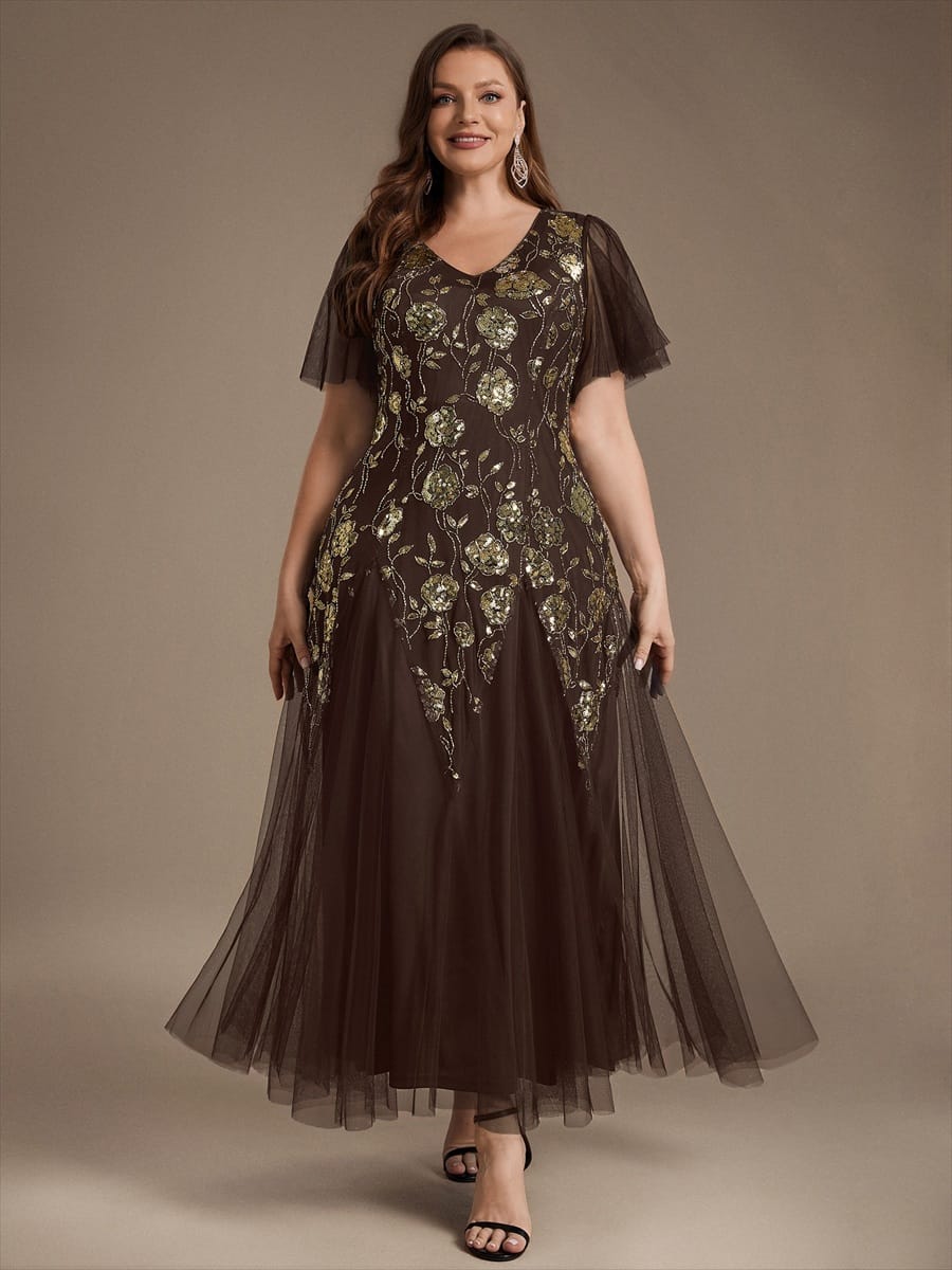 pretty ORLA|Plus Size Patchwork Sequin Ruffle Sleeve Dress
