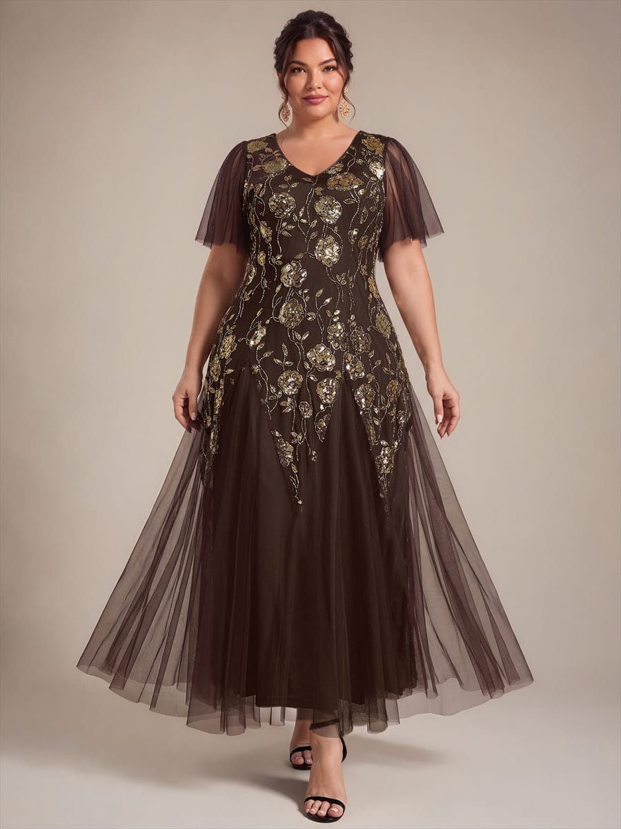 pretty ORLA|Plus Size Patchwork Sequin Ruffle Sleeve Dress