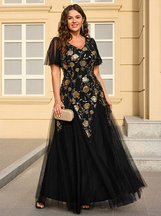 pretty ORLA|Plus Size Patchwork Sequin Ruffle Sleeve Dress