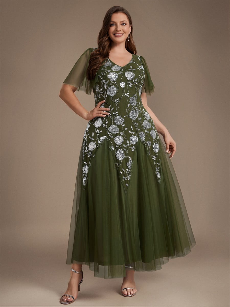 pretty ORLA|Plus Size Patchwork Sequin Ruffle Sleeve Dress