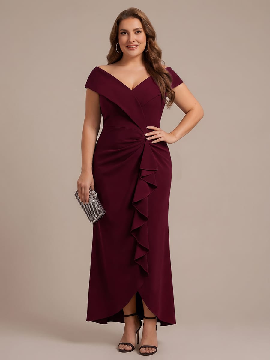 Ruffle Slit Mermaid Crepe V Neck Mother of the Bride Dress