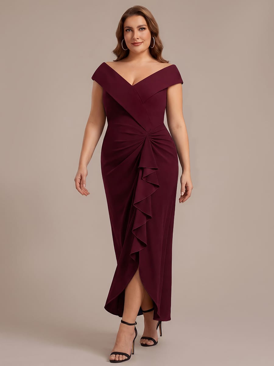 Ruffle Slit Mermaid Crepe V Neck Mother of the Bride Dress