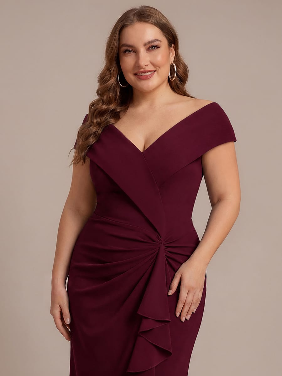 Ruffle Slit Mermaid Crepe V Neck Mother of the Bride Dress
