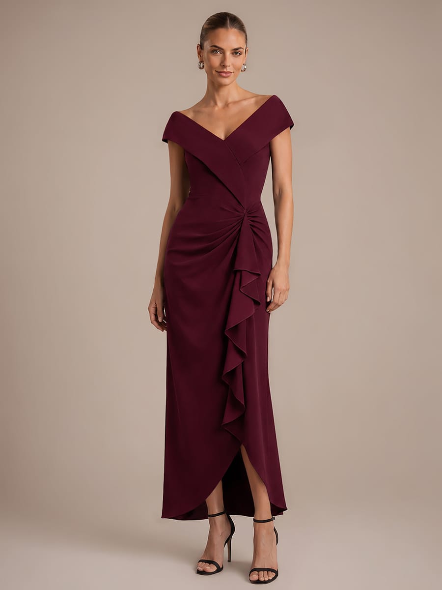 Ruffle Slit Mermaid Crepe V Neck Mother of the Bride Dress