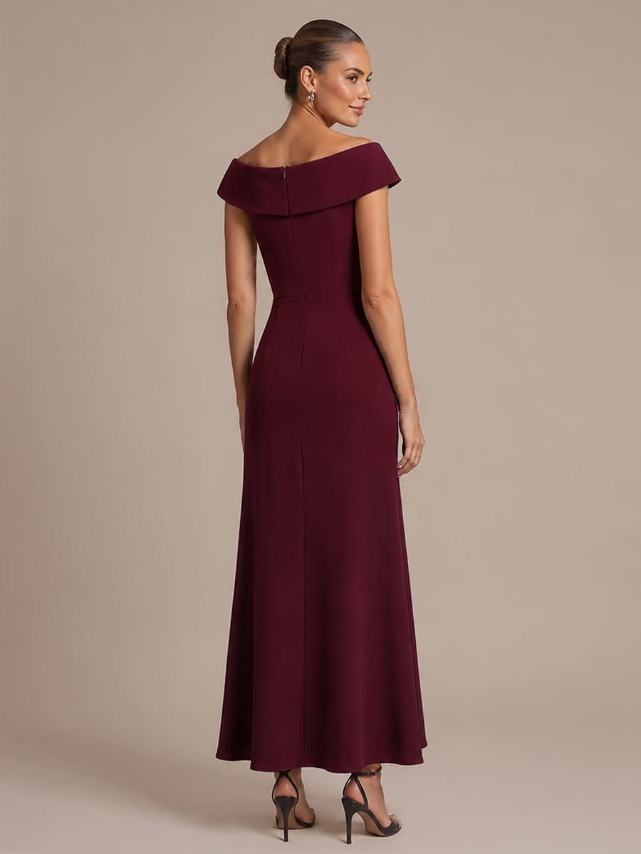 Ruffle Slit Mermaid Crepe V Neck Mother of the Bride Dress