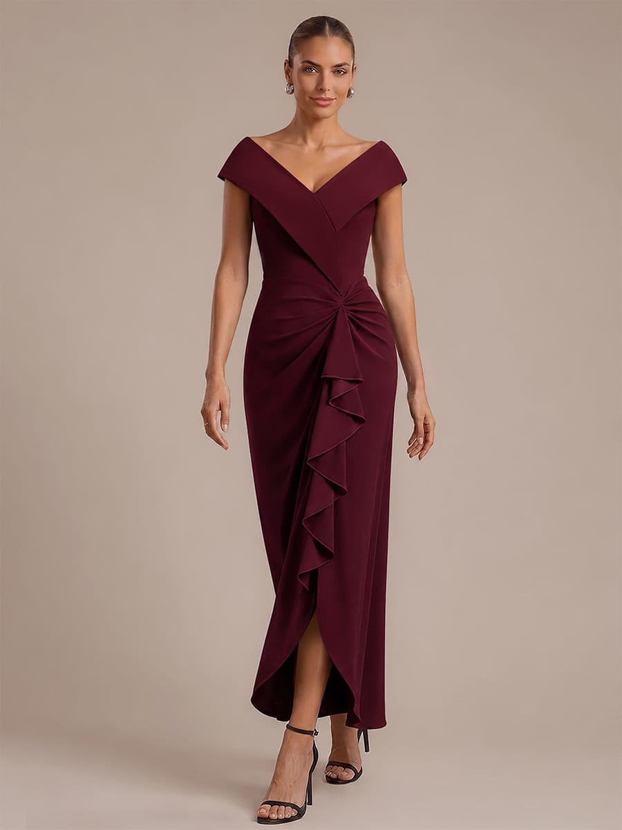 Ruffle Slit Mermaid Crepe V Neck Mother of the Bride Dress