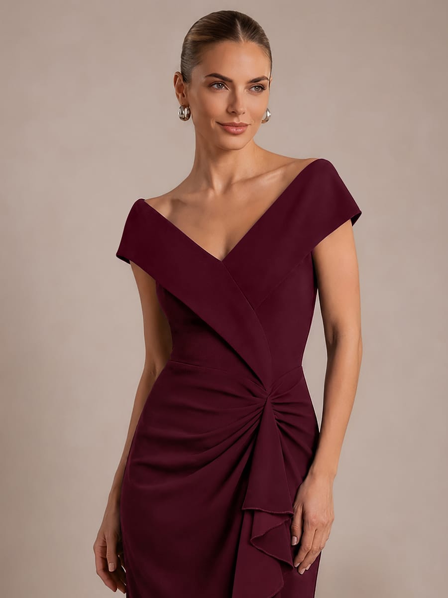 Ruffle Slit Mermaid Crepe V Neck Mother of the Bride Dress
