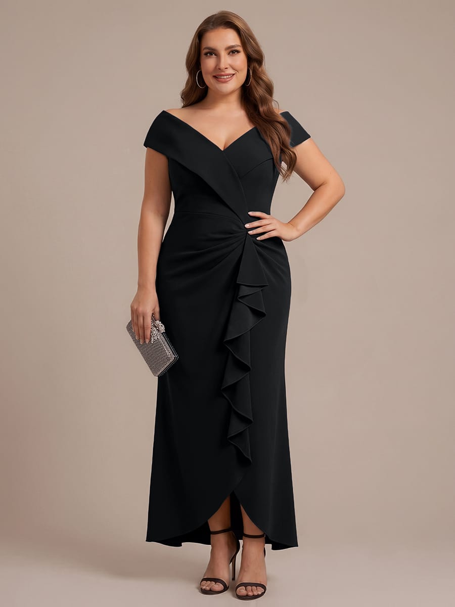 Ruffle Slit Mermaid Crepe V Neck Mother of the Bride Dress