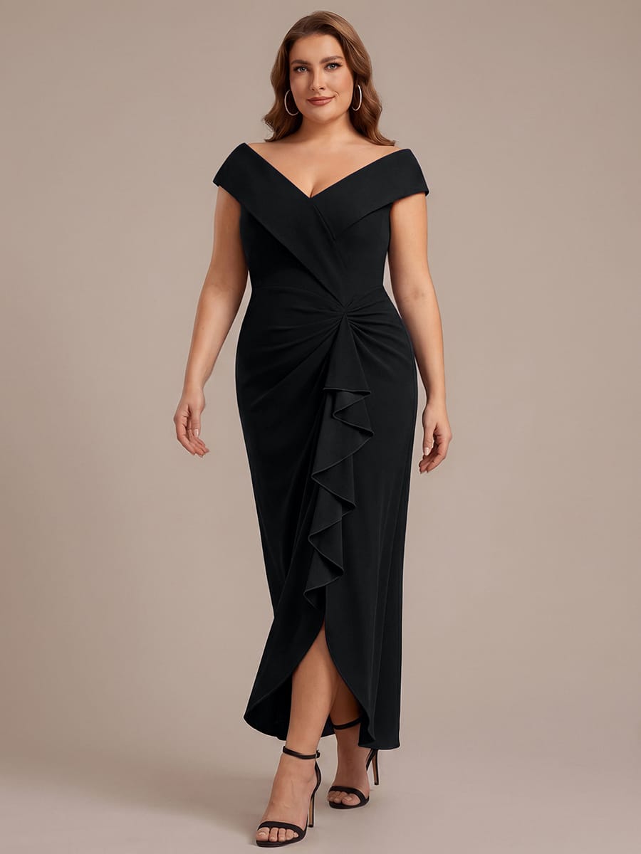 Ruffle Slit Mermaid Crepe V Neck Mother of the Bride Dress