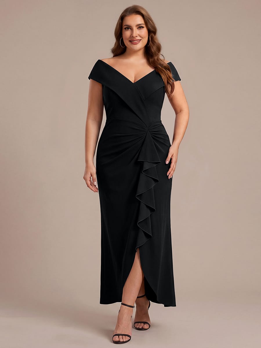 Ruffle Slit Mermaid Crepe V Neck Mother of the Bride Dress