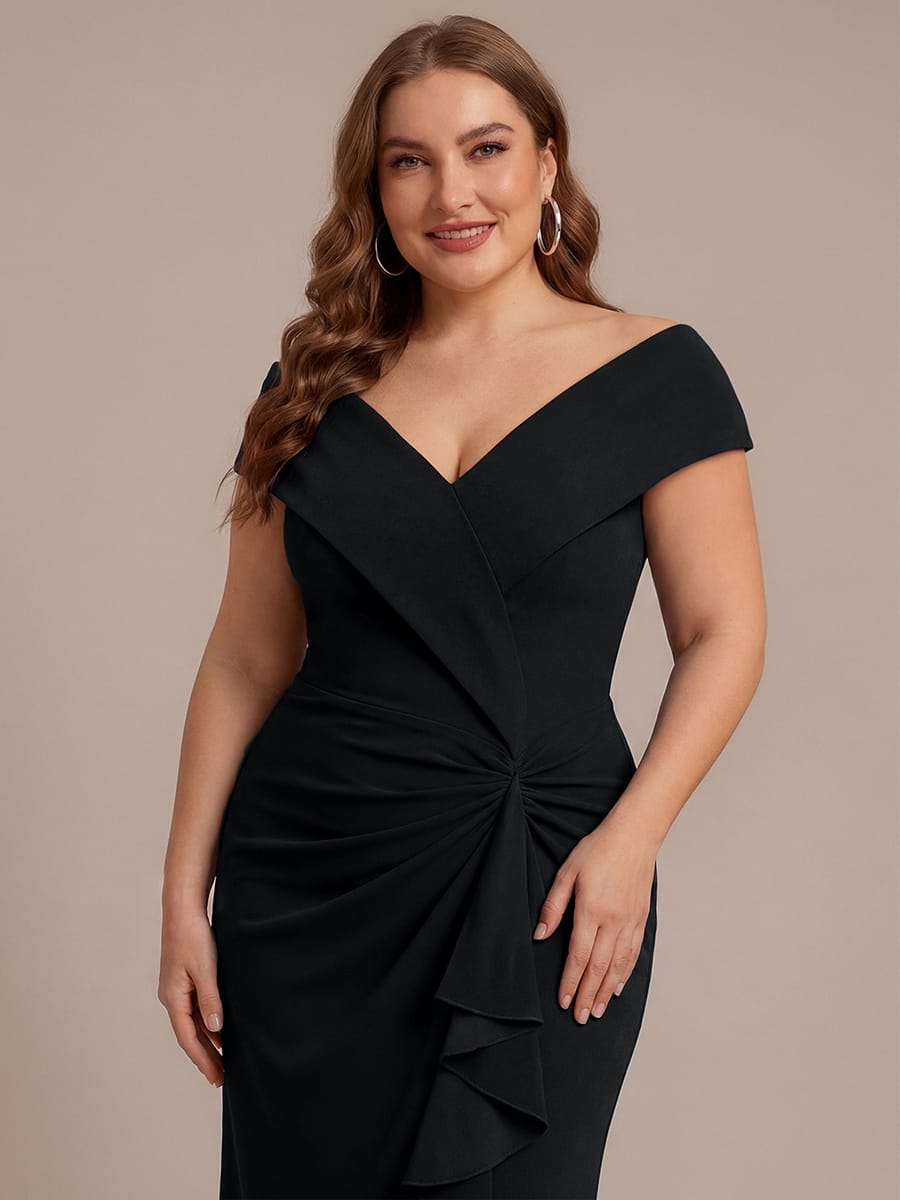 Ruffle Slit Mermaid Crepe V Neck Mother of the Bride Dress