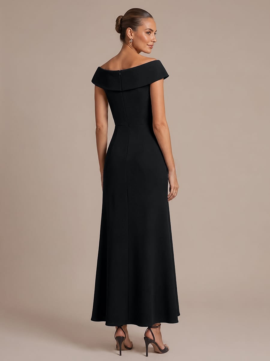 Ruffle Slit Mermaid Crepe V Neck Mother of the Bride Dress