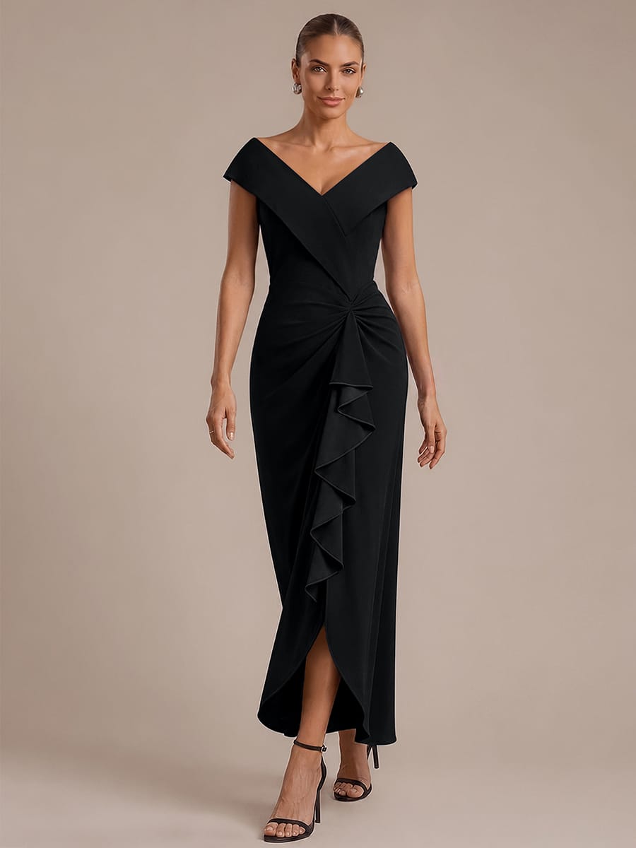 Ruffle Slit Mermaid Crepe V Neck Mother of the Bride Dress