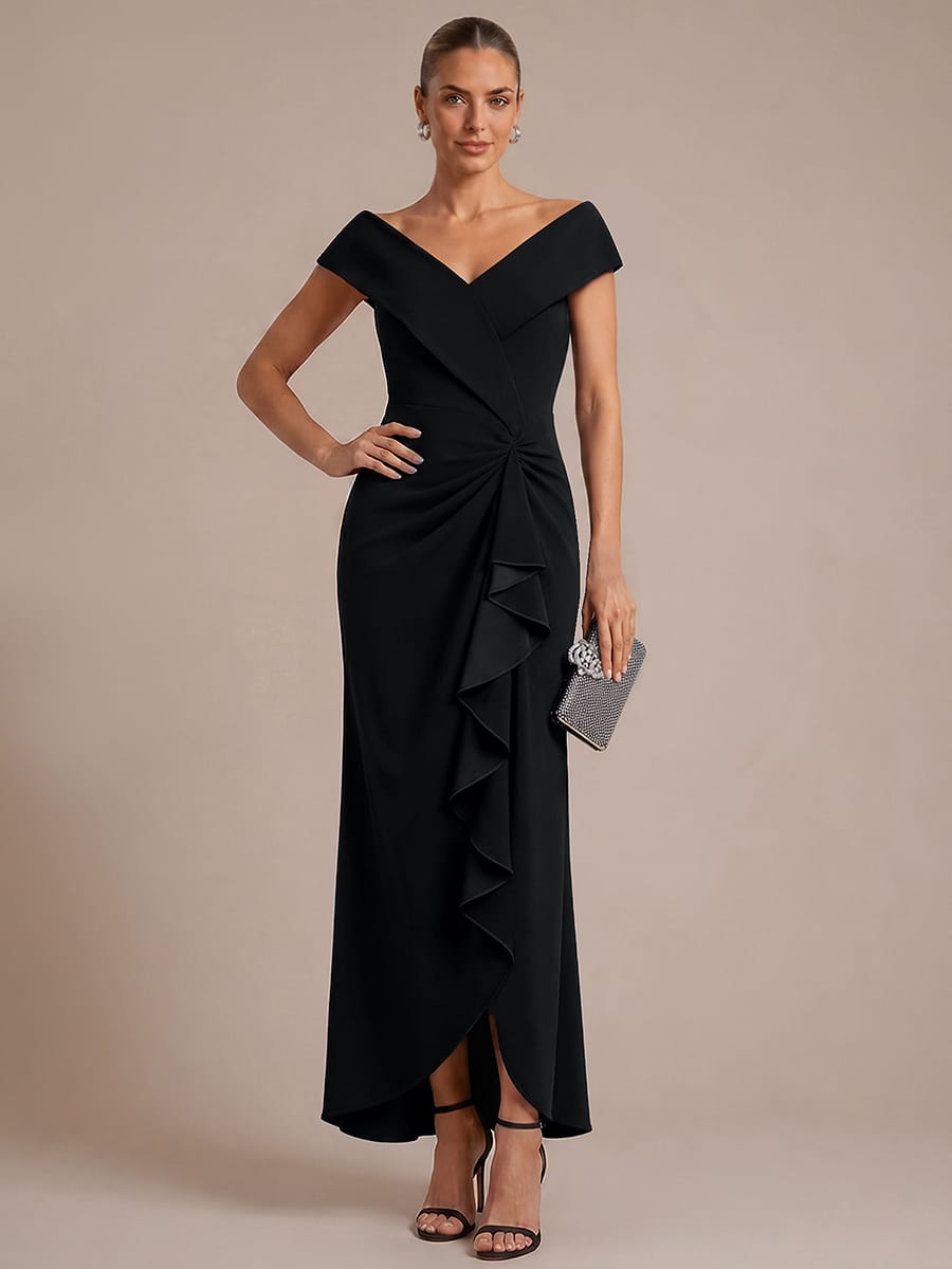Ruffle Slit Mermaid Crepe V Neck Mother of the Bride Dress