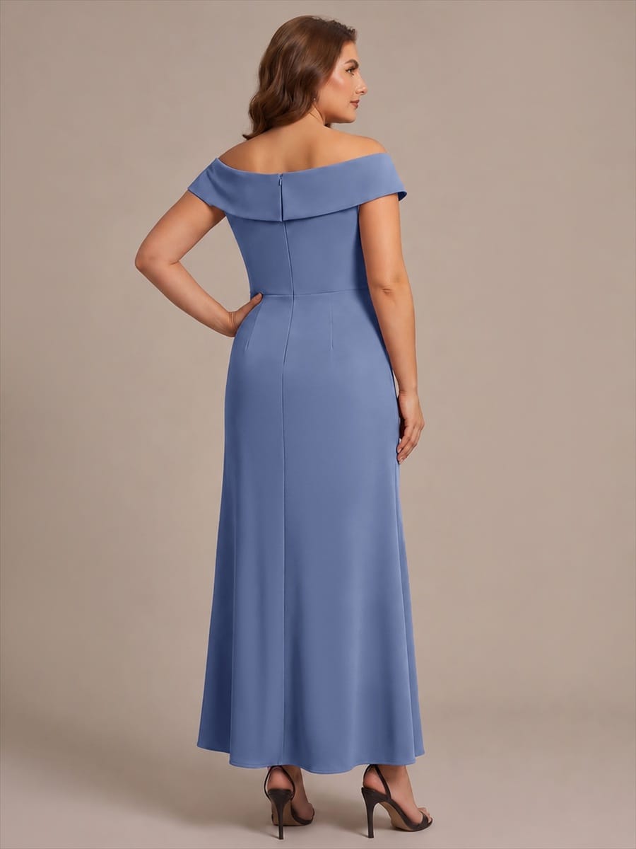 Ruffle Slit Mermaid Crepe V Neck Mother of the Bride Dress
