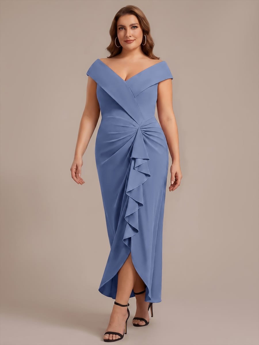 Ruffle Slit Mermaid Crepe V Neck Mother of the Bride Dress