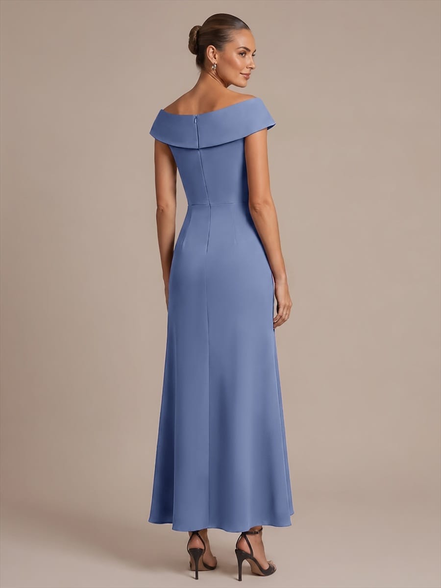 Ruffle Slit Mermaid Crepe V Neck Mother of the Bride Dress