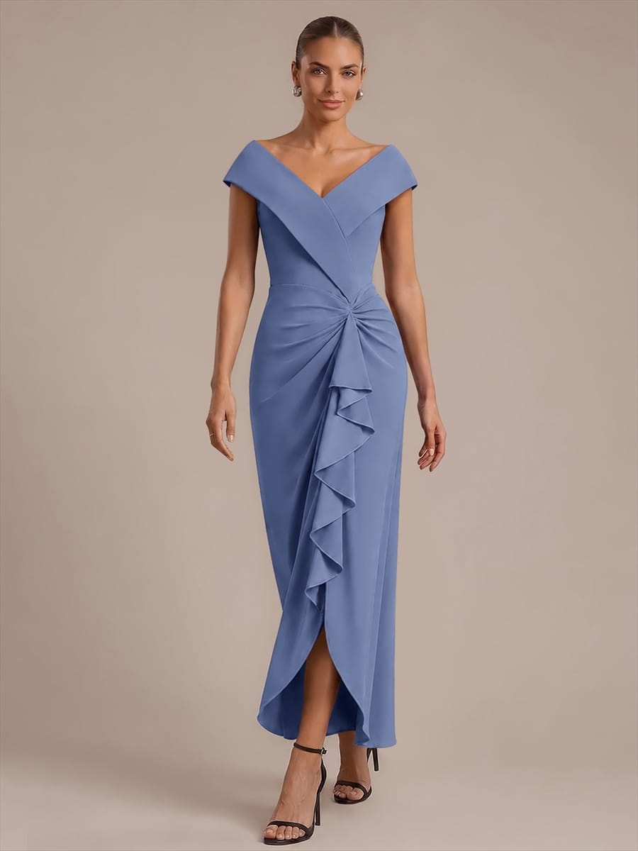 Ruffle Slit Mermaid Crepe V Neck Mother of the Bride Dress