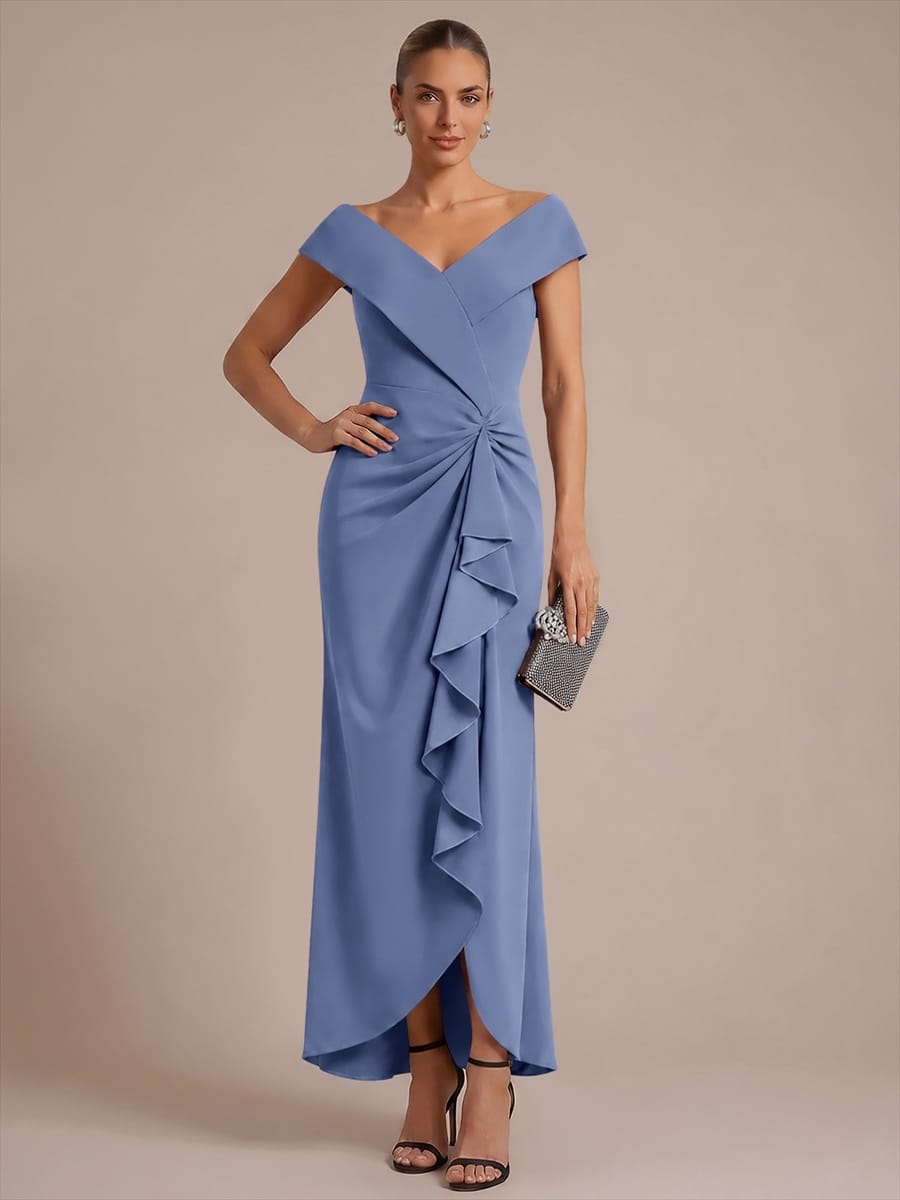 Ruffle Slit Mermaid Crepe V Neck Mother of the Bride Dress