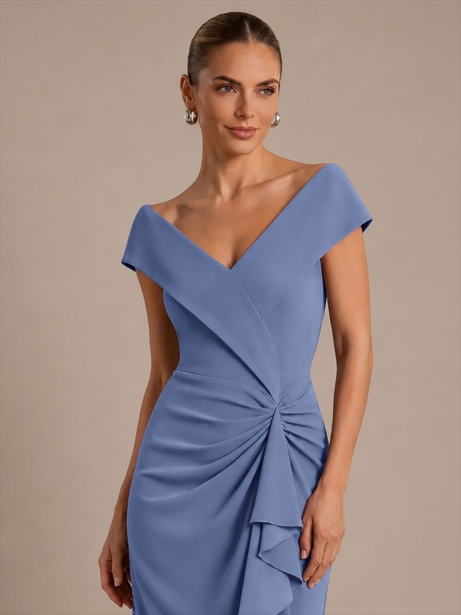 Ruffle Slit Mermaid Crepe V Neck Mother of the Bride Dress