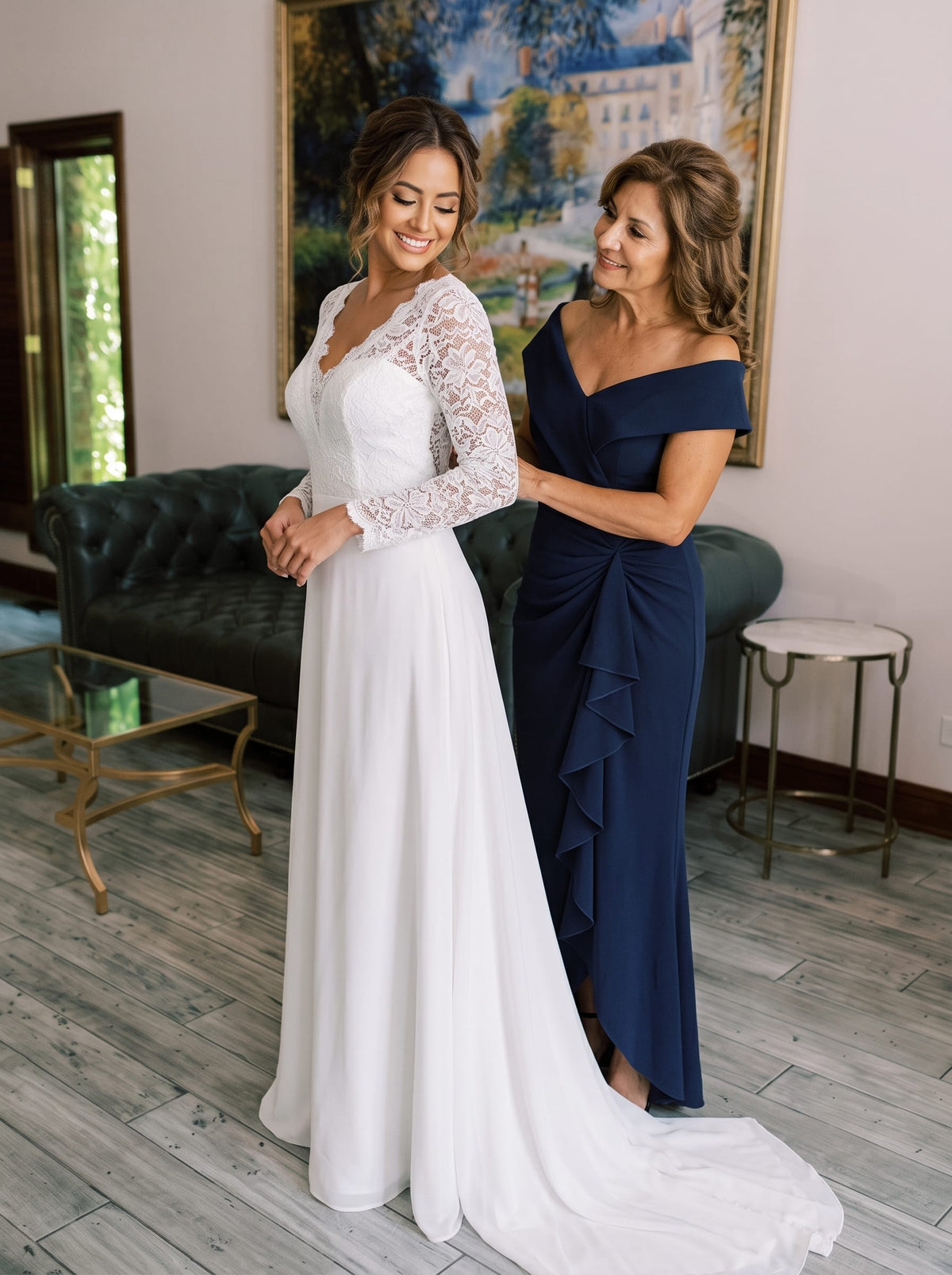Ruffle Slit Mermaid Crepe V Neck Mother of the Bride Dress