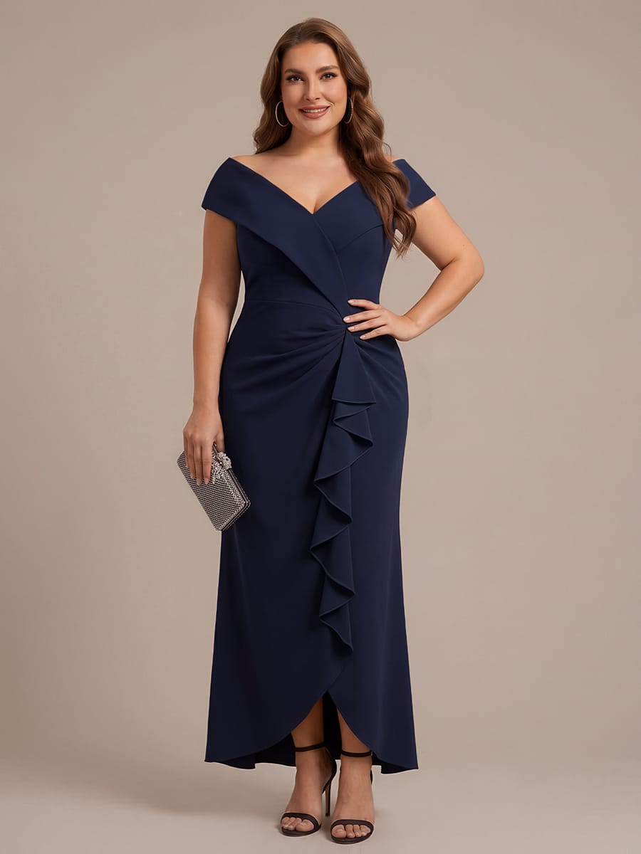 Ruffle Slit Mermaid Crepe V Neck Mother of the Bride Dress
