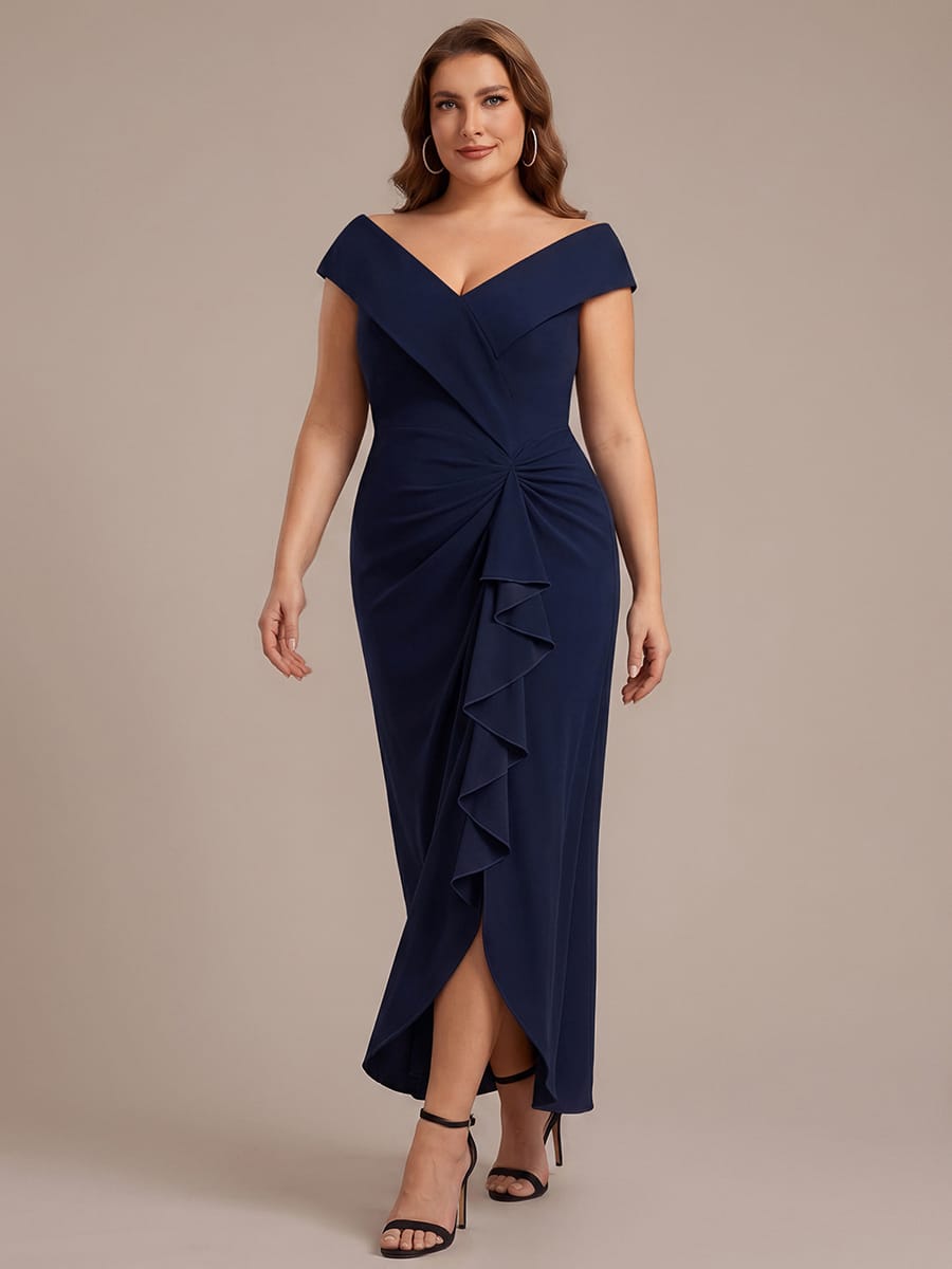 Ruffle Slit Mermaid Crepe V Neck Mother of the Bride Dress