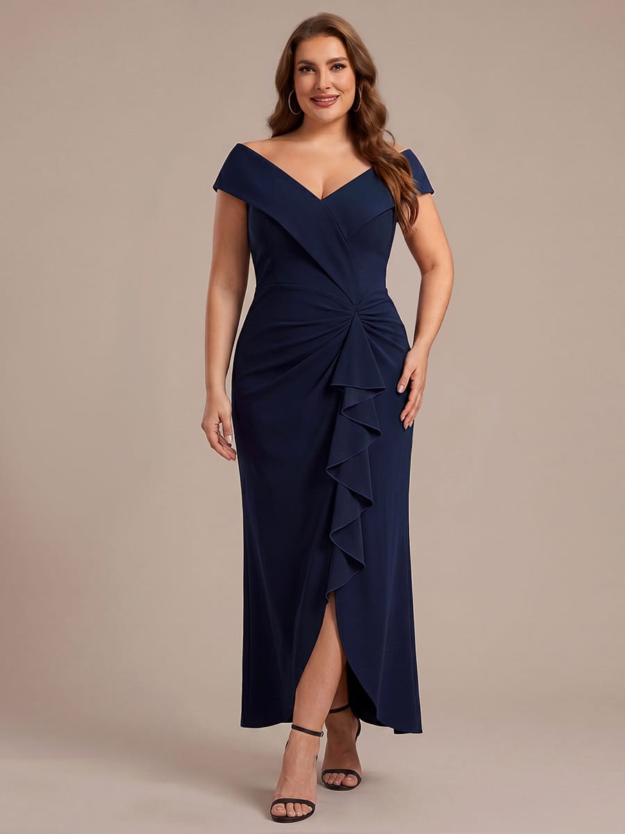Ruffle Slit Mermaid Crepe V Neck Mother of the Bride Dress