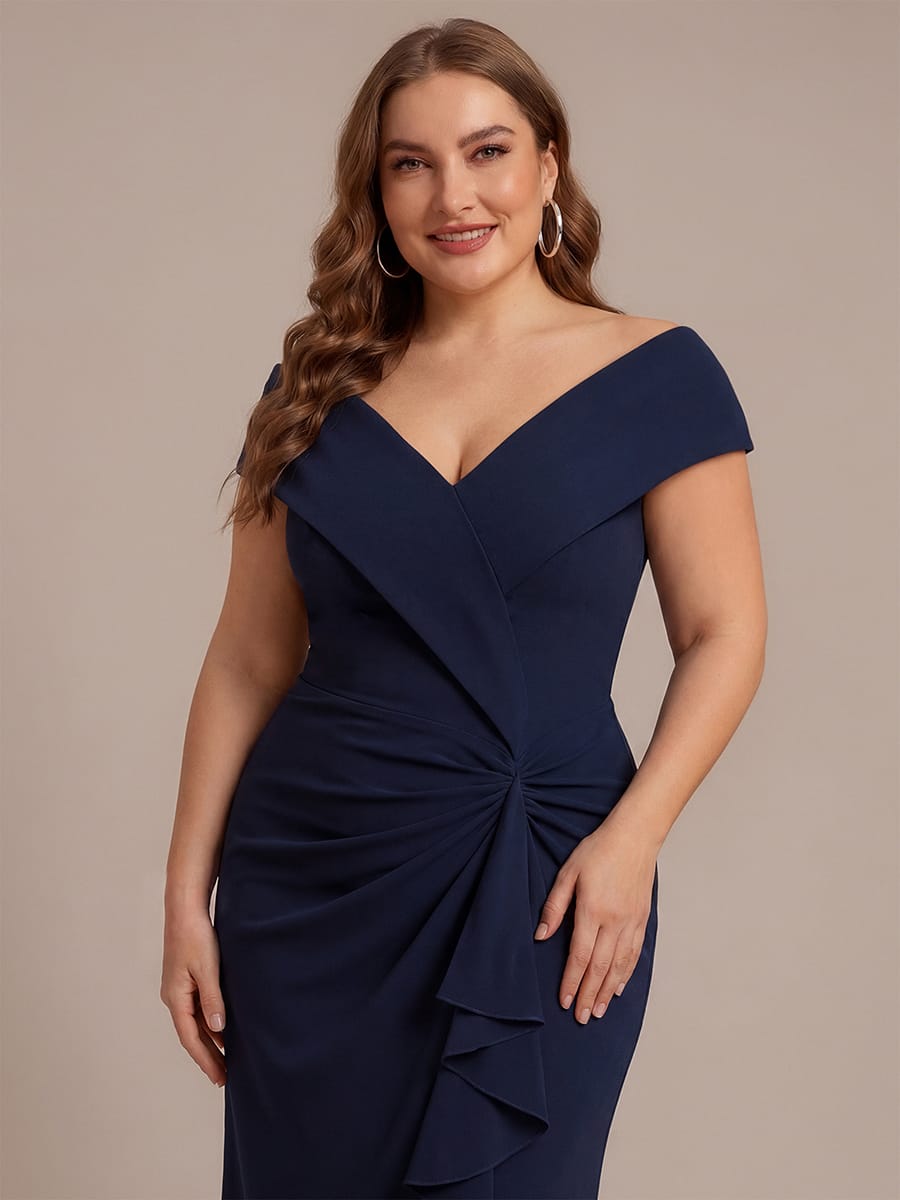 Ruffle Slit Mermaid Crepe V Neck Mother of the Bride Dress