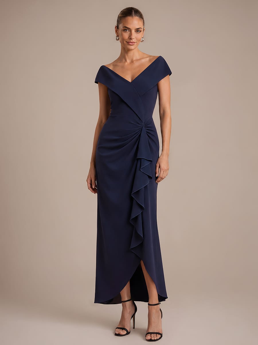 Ruffle Slit Mermaid Crepe V Neck Mother of the Bride Dress