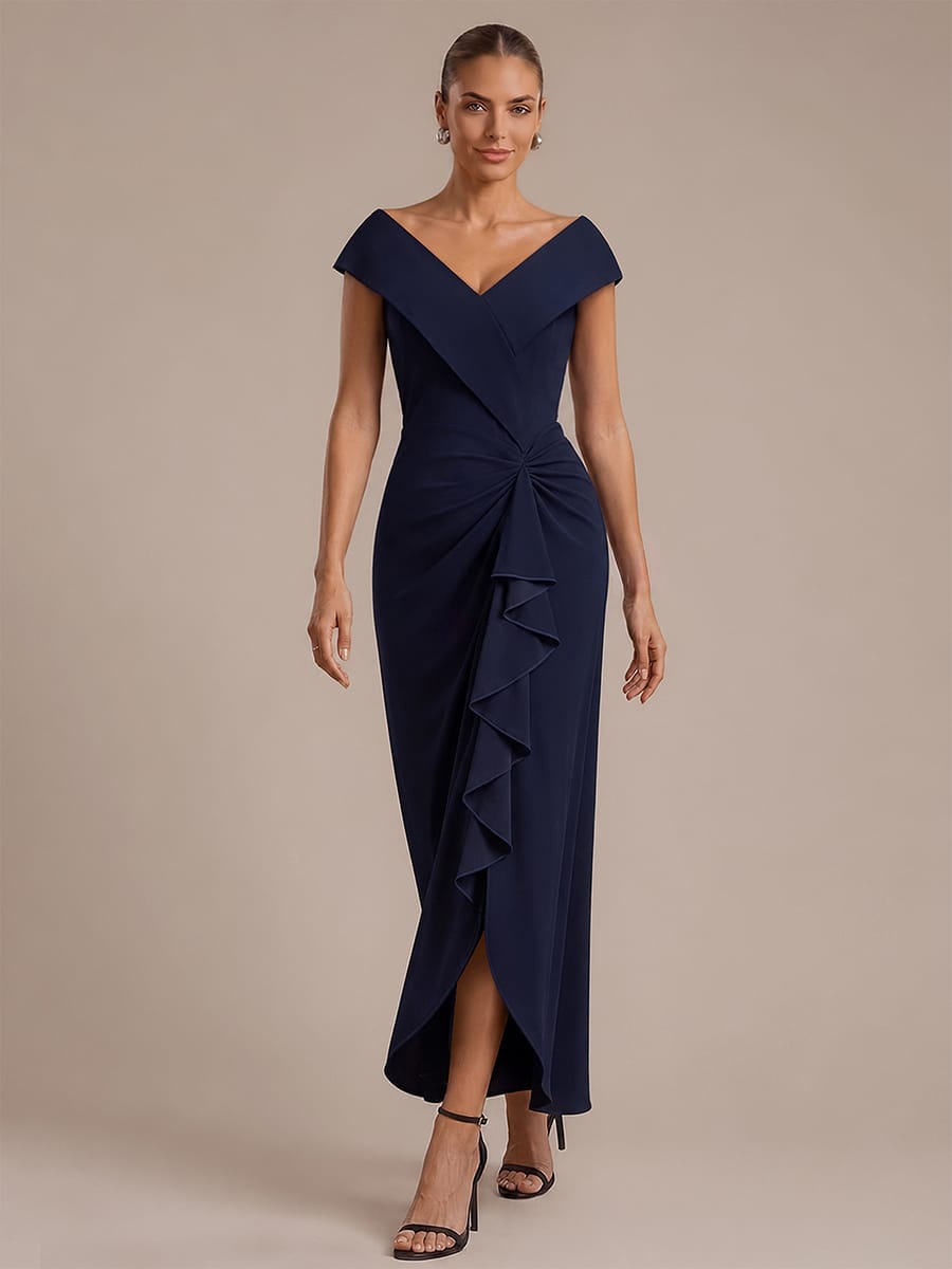 Ruffle Slit Mermaid Crepe V Neck Mother of the Bride Dress