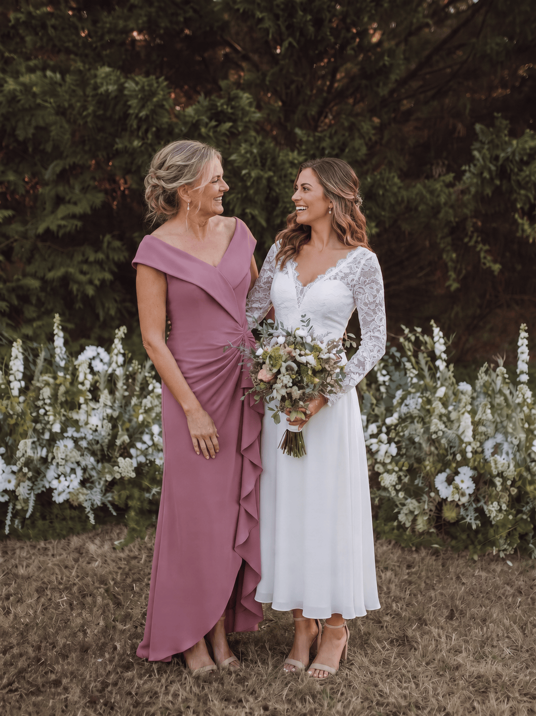 Ruffle Slit Mermaid Crepe V Neck Mother of the Bride Dress