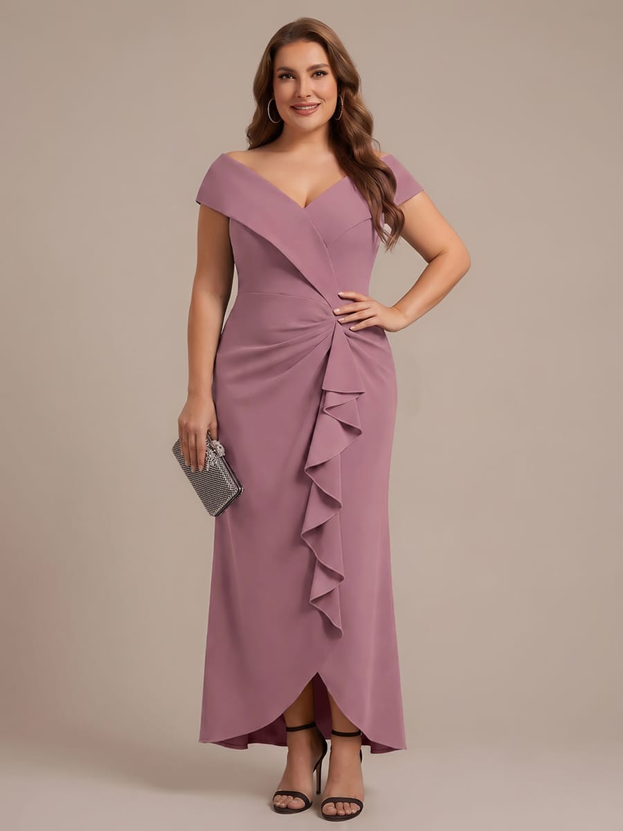 Ruffle Slit Mermaid Crepe V Neck Mother of the Bride Dress