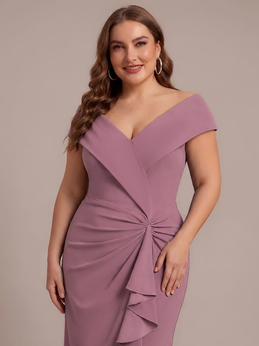 Ruffle Slit Mermaid Crepe V Neck Mother of the Bride Dress