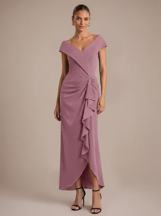 Ruffle Slit Mermaid Crepe V Neck Mother of the Bride Dress