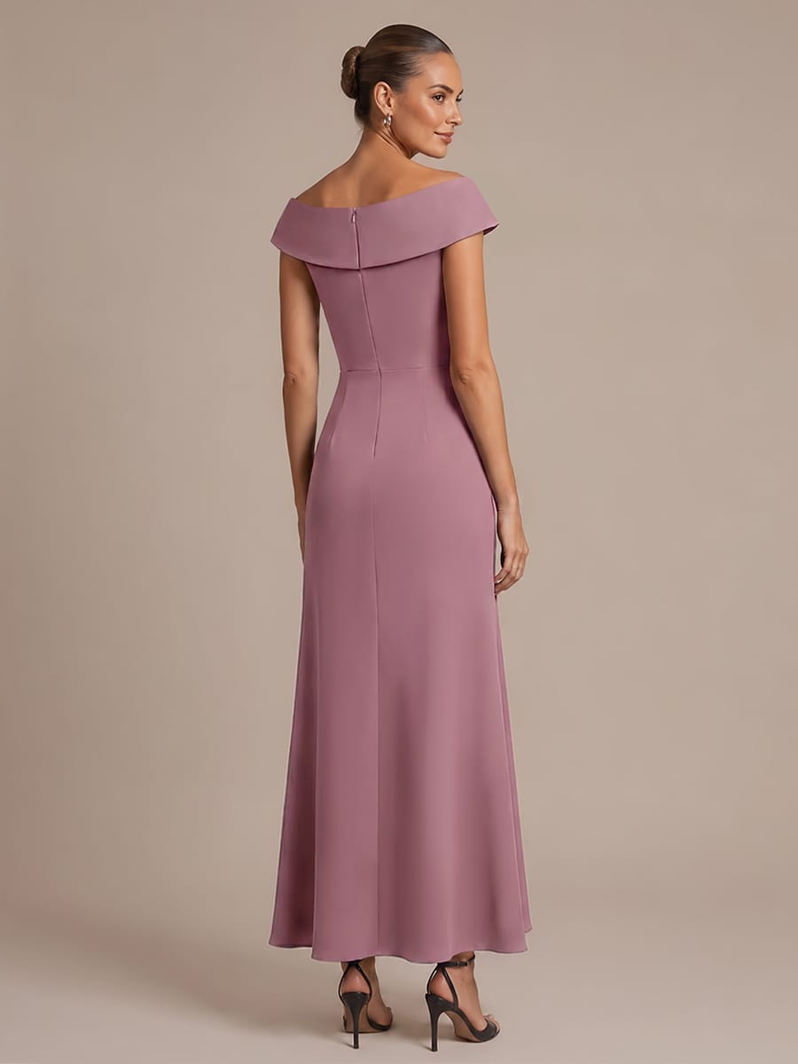 Ruffle Slit Mermaid Crepe V Neck Mother of the Bride Dress