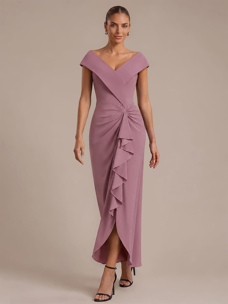 Ruffle Slit Mermaid Crepe V Neck Mother of the Bride Dress